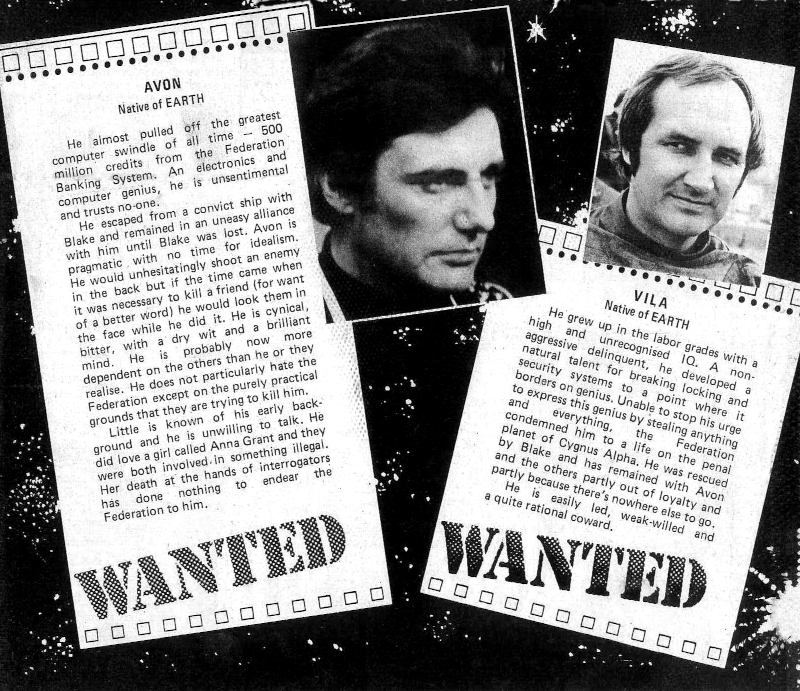 A scanned and contrast-improved section from a B7 magazine. It shows two stylised 'wanted' posters for Avon and Vila, with an attached photograph and a descriptive text each. Transcript below.